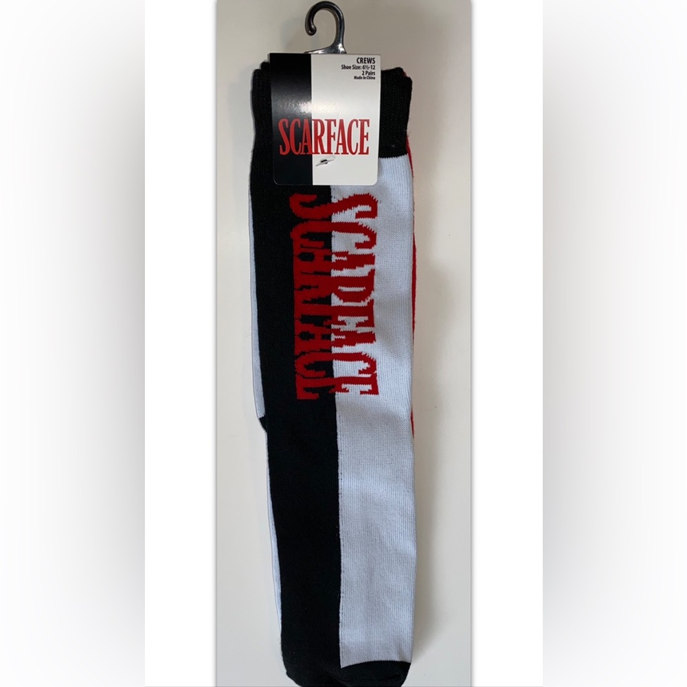 Scarface Crew Socks 2 Pair Men 6.5-12 Black White Red Little Friend Tony Montana